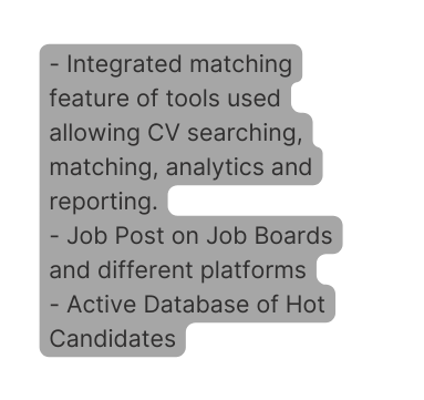 Integrated matching feature of tools used allowing CV searching matching analytics and reporting Job Post on Job Boards and different platforms Active Database of Hot Candidates